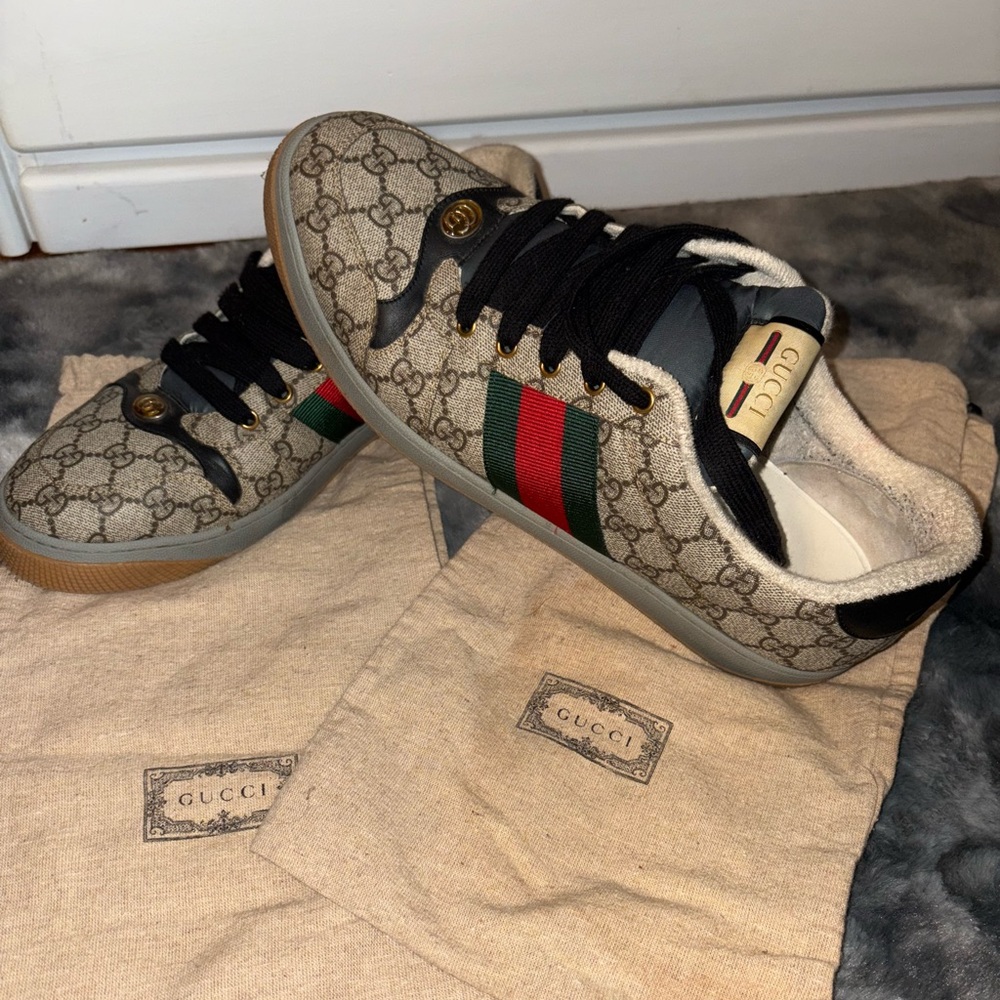 Gucci Beige Monogram Sneakers with Red and Green Accents